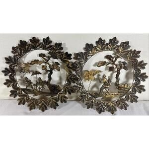 Pair Vintage 14” Asian Metal Wall Art Panels Rickshaw & Traveler Scene